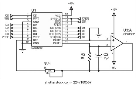 Vector electrical circuit with operational amplifier, resistor, capacitor,
digital to analog converter. Electrical schematic diagram.