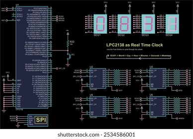 Vector electrical circuit. 
Real-time clock assembled on basis of microcontroller and
seven-segment indicators. Schematic diagram of electronic device.
Technic cad scheme. Electric computer design.