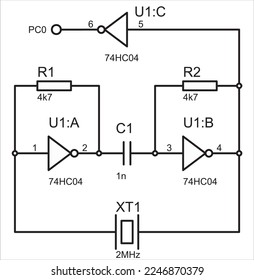 Vector electrical circuit with resistor, quartz resonator, logic element (inverter). 
Electrical schematic diagram.
Electrical diagram for laboratory work on electronics or radio engineering.