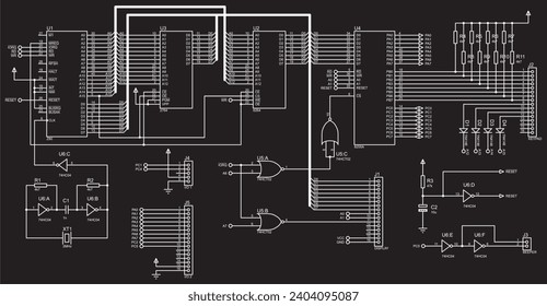 Vector electrical circuit.  Schematic diagram of electronic device, operating 
under control of microcontroller. Scheme with logic gates, integrated 
circuit, connector, resistor, capacitor.