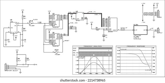 Vector electrical schematic circuit of a
digital device and signal graphics (transient analysis, frequency response)