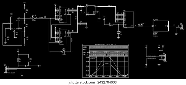 Vector electrical schematic circuit of
digital device and signal graphic (transient analysis).
A technical drawing with integrated circuit, logic
element, capacitor, resistor.