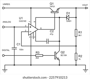 Vector electrical schematic diagram analog-to-digital converter.
A simple electrical circuit on paper.