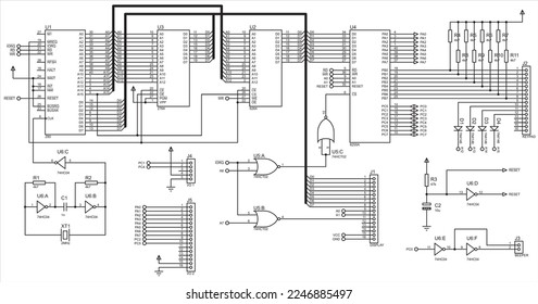 Vector electrical schematic diagram. 
A complex large electrical circuit of an electronic device, operating 
under the control of a microcontroller.