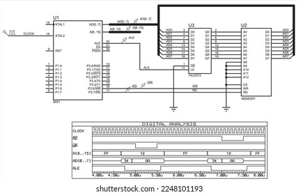 Vector electrical schematic diagram. 
Connecting external memory to the microcontroller.
Diagrams of digital signals. EEPROM timing.