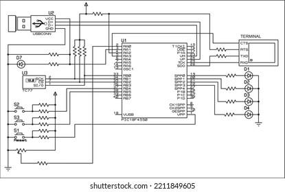 das elektrische Schaltbild eines digitalen USB-Geräts,
unter der Kontrolle eines PIC-Mikrocontrollers betrieben werden.
Vektorzeichnung eines elektronischen Temperaturmessgeräts.