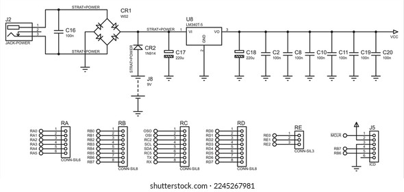 Vector electrical schematic diagram of an digital
electronic device with lcd display, operating under the control of a microcontroller.
Evaluation board.
Sheet 3 of 3.