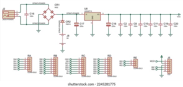 Vector electrical schematic diagram of an digital electronic device with lcd display, operating under the control of a microcontroller. Evaluation board. Sheet 3 of 3.
