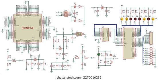 Vector electrical schematic diagram of a digital
electronic device with led indicators, operating under the control of a microcontroller.