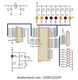 Image vectorielle schéma électrique d'un diagramme numérique
dispositif électronique avec indicateurs de direction et circuit intégré.
Dessin technique (technique).