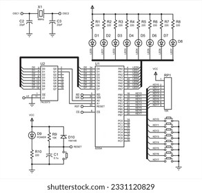 Image vectorielle schéma électrique d'un dispositif électronique numérique avec indicateurs à direction. Dessin technique (technique).