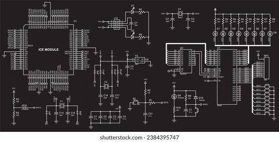 Vector electrical schematic diagram of a digital
electronic device with led indicators, operating under 
the control of a microcontroller.
Technical (engineering) drawing.