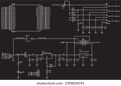 Vector electrical schematic diagram of an digital
electronic device with lcd, operating under the control of a pic microcontroller.
Sheet 3 of 3.