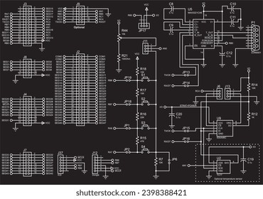 Vector electrical schematic diagram of an digital
electronic device with lcd, operating under the control of a microcontroller.
Sheet 1 of 3.