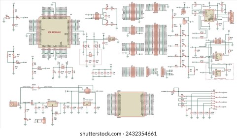 Vector electrical schematic diagram of an digital
electronic device with lcd, operating under the control of a 
microcontroller. Radio scheme with integrated circuit, 
resistor, capacitor, sensor.