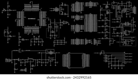 Vector electrical schematic diagram of an digital
electronic device with lcd, operating under the control of a 
microcontroller. Radio scheme with integrated circuit, 
resistor, capacitor, sensor.