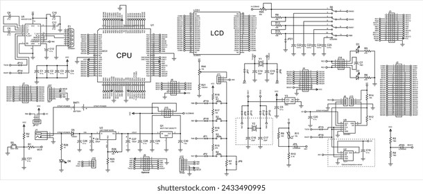 Vector electrical schematic diagram of an digital
electronic device with lcd, operating under the control of a 
microcontroller. Radio scheme with integrated circuit, 
resistor, capacitor, sensor.