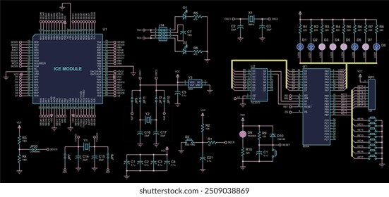 Vector electrical schematic diagram of digital
electronic device with led indicators and integrated circuit, operating under 
the control of microcontroller.
Technical engineering drawing.