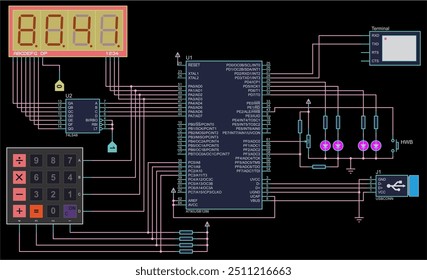 Vektor elektrische schematische Darstellung der digitalen USB
Informationsausgabegerät,
Betrieb unter Kontrolle eines Mikrocontrollers. Elektronische Zeichnung mit integrierter Schaltung, 
LCD-Anzeige, Widerstand, Tastatur.