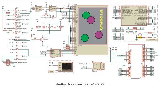 Vector electrical schematic diagram for displaying graphic and text information on a tft display 
and terminal. Arduino schematic project on paper. Electronic circuit board with components 