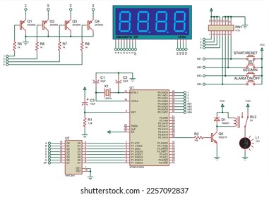 Vector electrical schematic diagram. A drawing 
of an electronic device for data 
output to seven-segment indicators, 
operating under the control of a microcontroller.