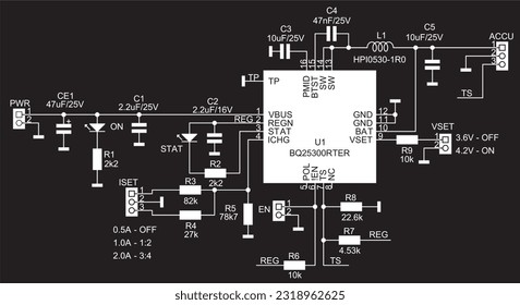 Vector electrical schematic diagram of an electronic device.
Connection of peripheral devices to the step-down pulse converter controller adapted for charging lithium batteries.
Electric background.