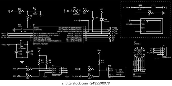 Vector electrical
schematic diagram of electronic device. 
Connection of conductors and components (motor, 
integrated circuit, sensor, led, resistor, capacitor) 
to microcontroller. Electric template