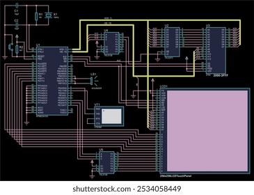 Vector electrical schematic diagram of graphic lcd touch panel,
runs under control of microcontroller. 
Design demonstrates how cpu can to
drive touch panel. Computer cad model of electronic device.