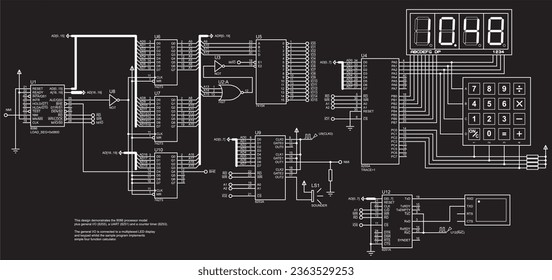 Vector electrical schematic diagram of integer
calculator based on microcontroller. Displaying
the pressed keyboard keys and the results
of mathematical operations on seven-segment display.