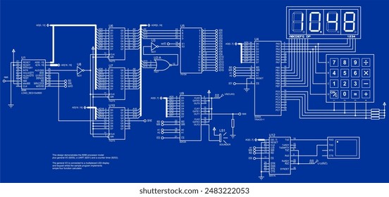 diagrama esquemático eléctrico de Vector de entero
calculadora basada en microcontrolador. Visualización
teclas de teclado pulsadas y resultados
de operaciones matemáticas en siete segmentos de visualización.