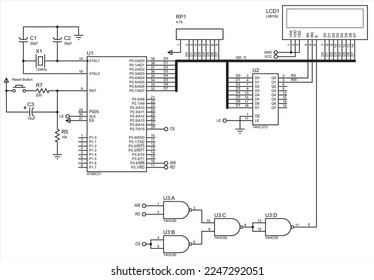 Vector electrical schematic diagram of  lcd display 
which runs under the control of
 microcontroller. 
Design makes demonstrates how an microcontroller can be used to
drive a alphanumeric LCD display