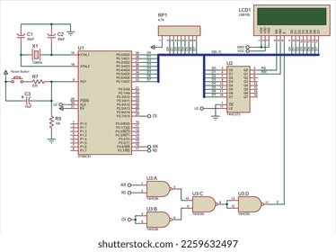 Vector electrical schematic diagram of the lcd display 
which runs under the control of a microcontroller. 
Design makes demonstrates how an cpu can be used to
drive a alphanumeric lcd display.