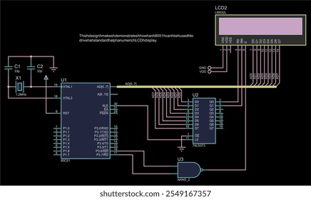 Vector electrical schematic diagram of lcd display 
which runs under control of microcontroller. 
Design makes demonstrates how cpu can be used to
drive alphanumeric lcd display.