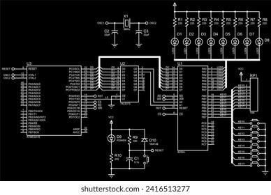 Vector electrical schematic diagram of matrix of LEDs working
under microcontroller control. 
A scheme design of electronic device with resistor, led, 
diode, integrated circuit, capacitor.
