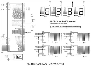 Vector electrical schematic diagram. 
A real-time clock assembled on the basis of the microcontroller and
seven-segment indicators.