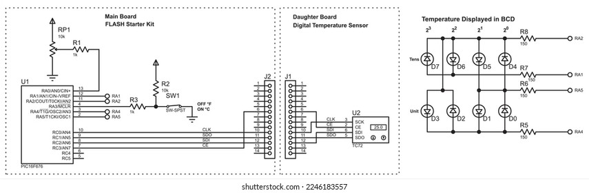 Vector electrical schematic diagram of a temperature 
measuring device using a sensor. The circuit operates under 
the control of a microcontroller.