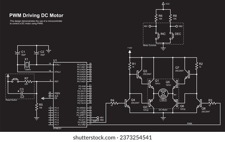 Vector electrical schematic diagram. 
This design demonstrates the use of a microcontroller
to control a DC motor using PWM.