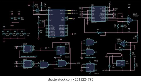 Vector electrical scheme. Schematic diagram of electronic device, operating 
under control of microcontroller. Technical electric design with
integrated circuit, capacitor, memory chip, logic gate.