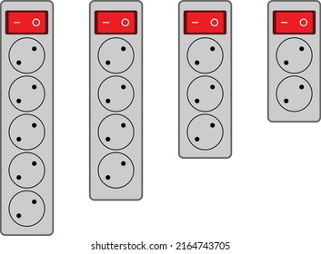 vector of an electrical terminal plug. gray color consisting of five holes, four holes, three holes and two holes. equipped with a red on off switch. white background.