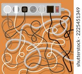 Vector electrical wires and chargers on orange background. A mess of cables from several extension cords. Cable management.