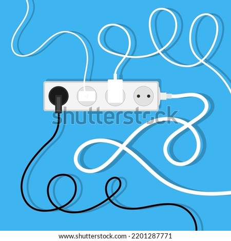 Vector electrical wires and chargers on blue background. A mess of cables from several extension cords. Cable management.