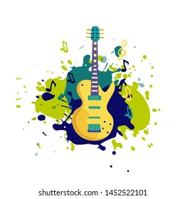 Vector electro guitar in flat style design.  Music instrument. Template for music  rock festival banner, poster, concert, invitation, greeting card. 