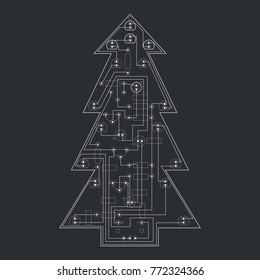 Vector electronic christmas tree white isolated on black background