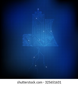 Vector : Electronic circuit in buildings and ground on blue technology background