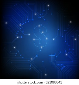 Vector : Electronic circuit and dollar symbol on blue background