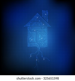 Vector : Electronic circuit in house and ground on blue technology background