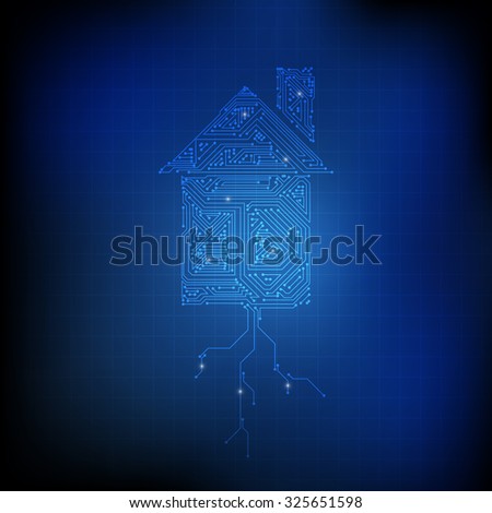 Vector : Electronic circuit in house and ground on blue technology background