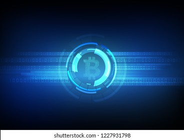 Vector : Electronic circuit inside bitcoin symbol with binary code on blue background