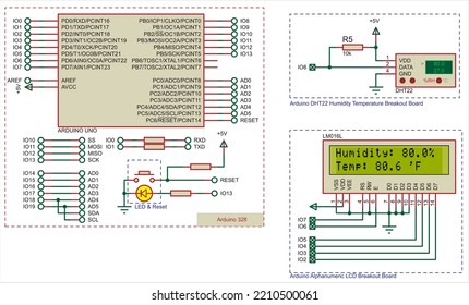 Vector electronic circuit for measuring humidity and temperature with
using a sensor chip connected to the Arduino uno board. Measurement results are displayed on the screen alphanumeric display.