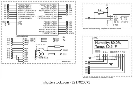 Vector electronic circuit for measuring humidity and temperature with
using a sensor chip connected to the 
arduino board. Measurement results are displayed on the screen alphanumeric display.